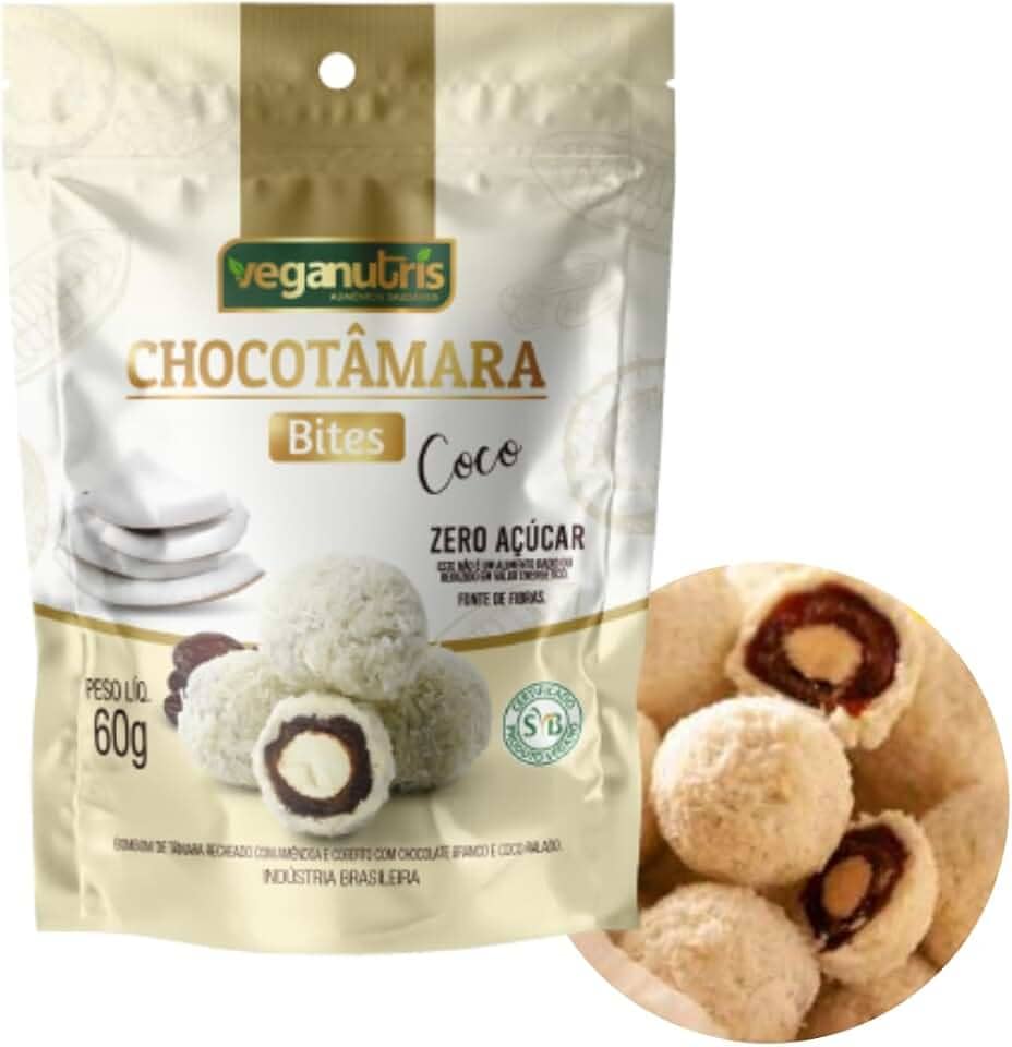 BOMBOM VEGANO DE TÂMARA COM AMÊNDOA, CHOCOLATE BRANCO E COCO RALADO CHOCOTÂMARA BITES VEGANUTRIS 60G