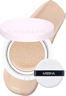 MISSHA Base Magic Cushion No. 21 bege claro para pele brilhante - cobertura perfeita, acabamento orvalhado, fácil aplicação para todos os tipos de pele