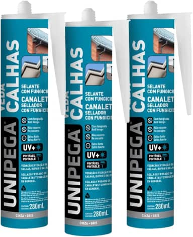 Kit 03 Selante Veda Calhas E Rufos Silicone Fixador Adesivo Vedação Calha E Emendas Unipega 280ml Cinza