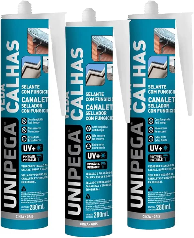Kit 03 Selante Veda Calhas E Rufos Silicone Fixador Adesivo Vedação Calha E Emendas Unipega 280ml Cinza