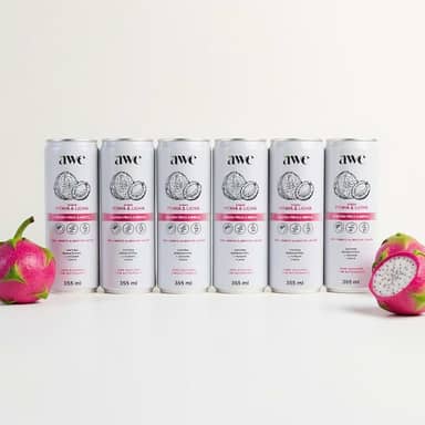 AWE Energy Pitaya e Lichia - Pack com 6 unidades, latas de 355ml Performance & Disposição Ingredientes Naturais Energia Limpa