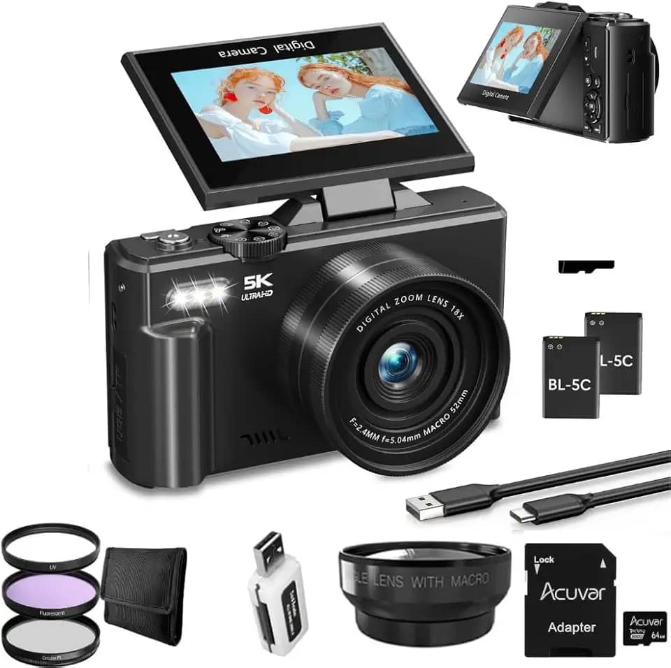 Câmera digital 5K para fotografia e vídeo – Câmera vlogging UHD de 75 MP com WiFi, foco automático, tela flip de 3 polegadas, zoom de 18X – Câmera de viagem compacta para YouTube com 64 GB (kit Pro