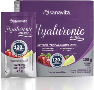 Sanavita Ácido Hialurôncio - Hyaluronic Verisol - Pele Saudável - Cranberry com Limão - 30 Sticks