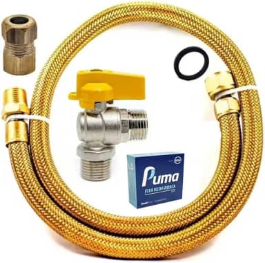Kit Instalação de Gás Flexível, Mangueira 1,00m, Registro e Adaptador, Latão