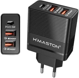 H'MASTON Fonte Carregador de Parede 67.5W Carregador Turbo Universal com 2 USB Saída 20W + 1 Tipo C 22.5 Power Compatível com iPhone Android LR13-4 (PRETO)