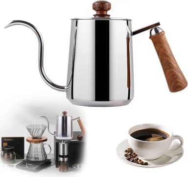 Chaleira Bico de Ganso em Aço Inoxidável 304 com Fundo Triplo, 600ml - Compatível com Indução e Fogão a Gás, Alça de Madeira (Prata)