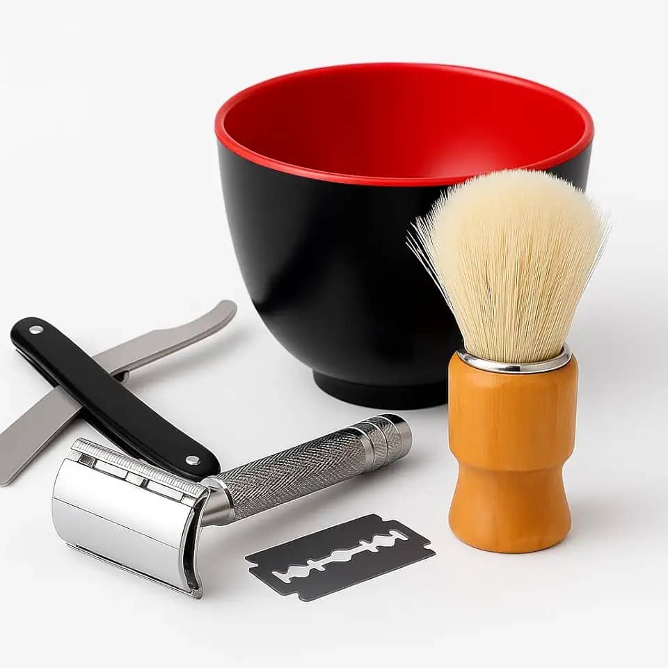 Kit de Barbear Tradicional Masculino – Navalha Clássica, Barbeador Metálico, Pincel de Barbear com Cabo de Madeira e Tigela Preta com Interior Vermelho