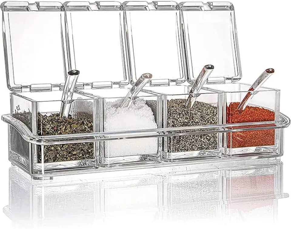 Organizador de Temperos Acrílico com 4 Potes – Tampa Hermética e Colher Inclusa