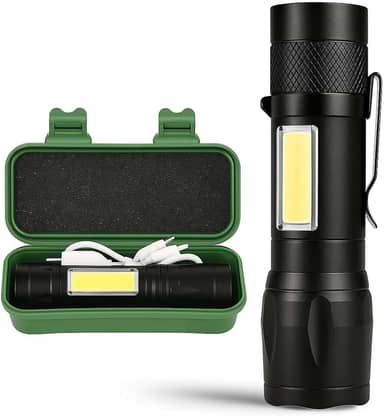 Lanterna Tática LED Recarregável USB – Super Potente, Zoom Ajustável, 3 Modos + COB Lateral, Resistente à Água – Ideal para Camping, Trilhas, Pesca, Emergências e Uso Profissional
