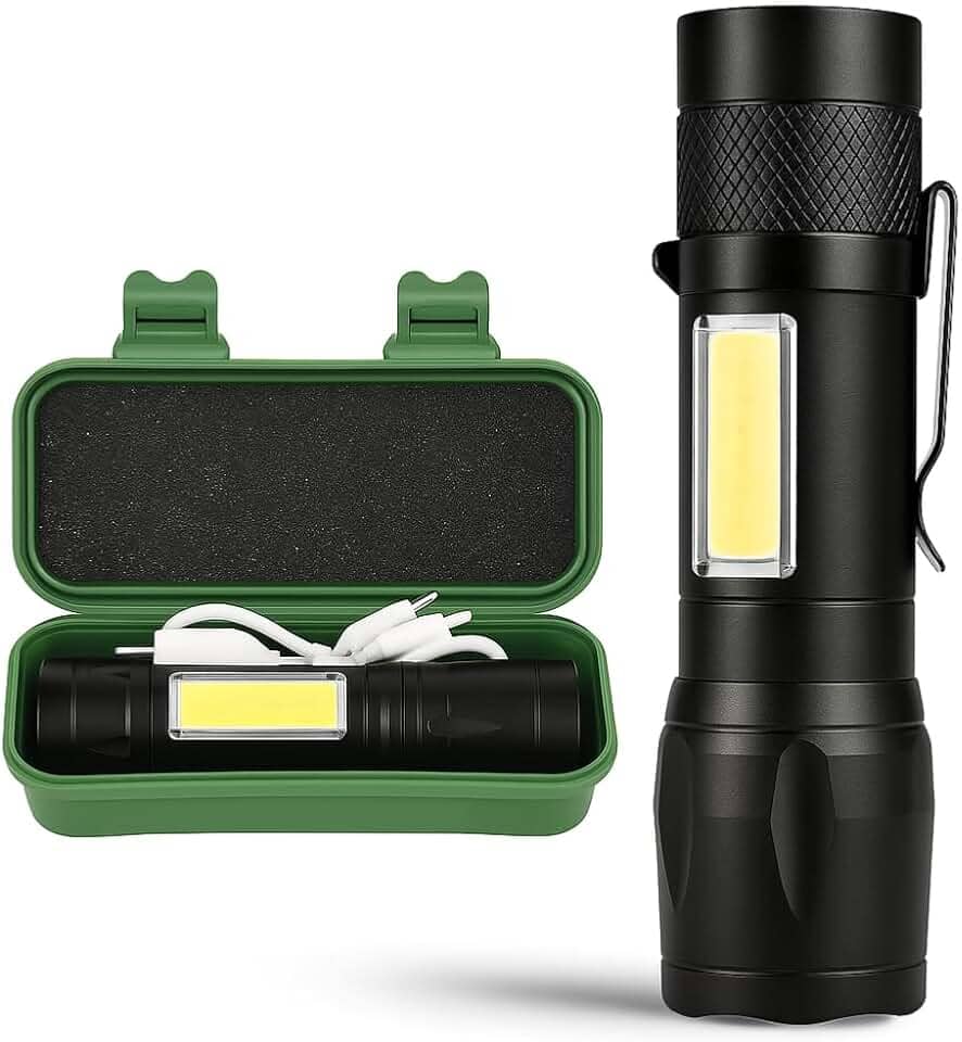 Lanterna Tática LED Recarregável USB – Super Potente, Zoom Ajustável, 3 Modos + COB Lateral, Resistente à Água – Ideal para Camping, Trilhas, Pesca, Emergências e Uso Profissional