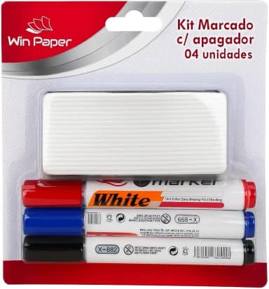 Kit 3 Marcadores de Quadro Branco + Apagador – Cores Clássicas, Ponta Resistente e Apaga Fácil