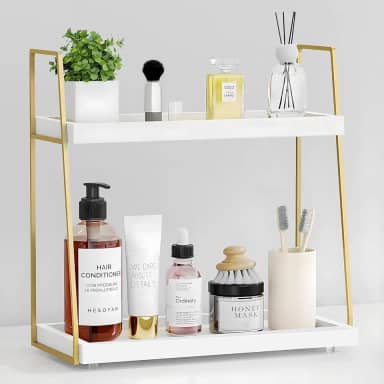 Organizador de bancada de banheiro, organizador de balcão para pia de banheiro, prateleira de madeira para armazenamento de maquiagem, bandeja de banheiro com suporte de 2 camadas para bancada, vaso