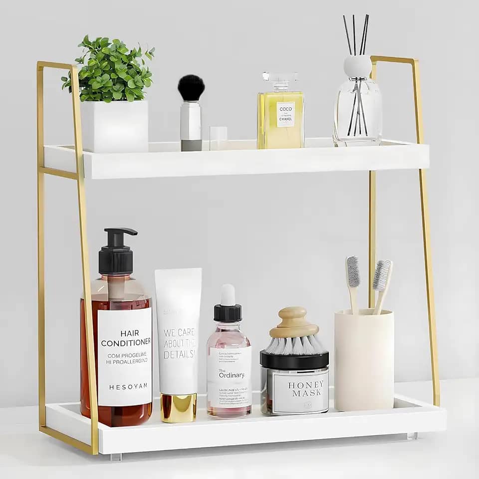 Organizador de bancada de banheiro, organizador de balcão para pia de banheiro, prateleira de madeira para armazenamento de maquiagem, bandeja de banheiro com suporte de 2 camadas para bancada, vaso