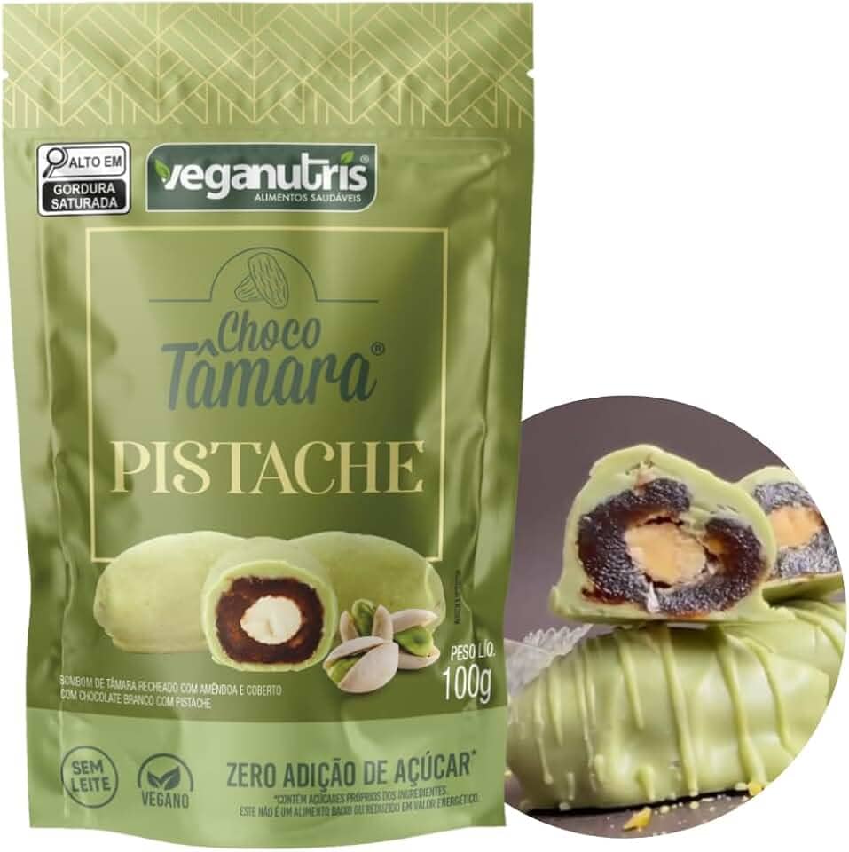 BOMBOM VEGANO DE TÂMARA SABOR PISTACHE COM CHOCOLATE BRANCO CHOCOTÂMARA VEGANUTRIS 100G