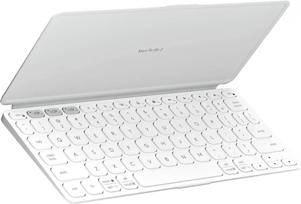 Teclado Sem Fio Portátil Logitech Keys-To-Go 2 para Tablets, iPad, iPhone, macOs e Windows, com Capa Integrada, Conexão Bluetooth e Easy-Switch para até 3 Dispositivos - Cinza Claro