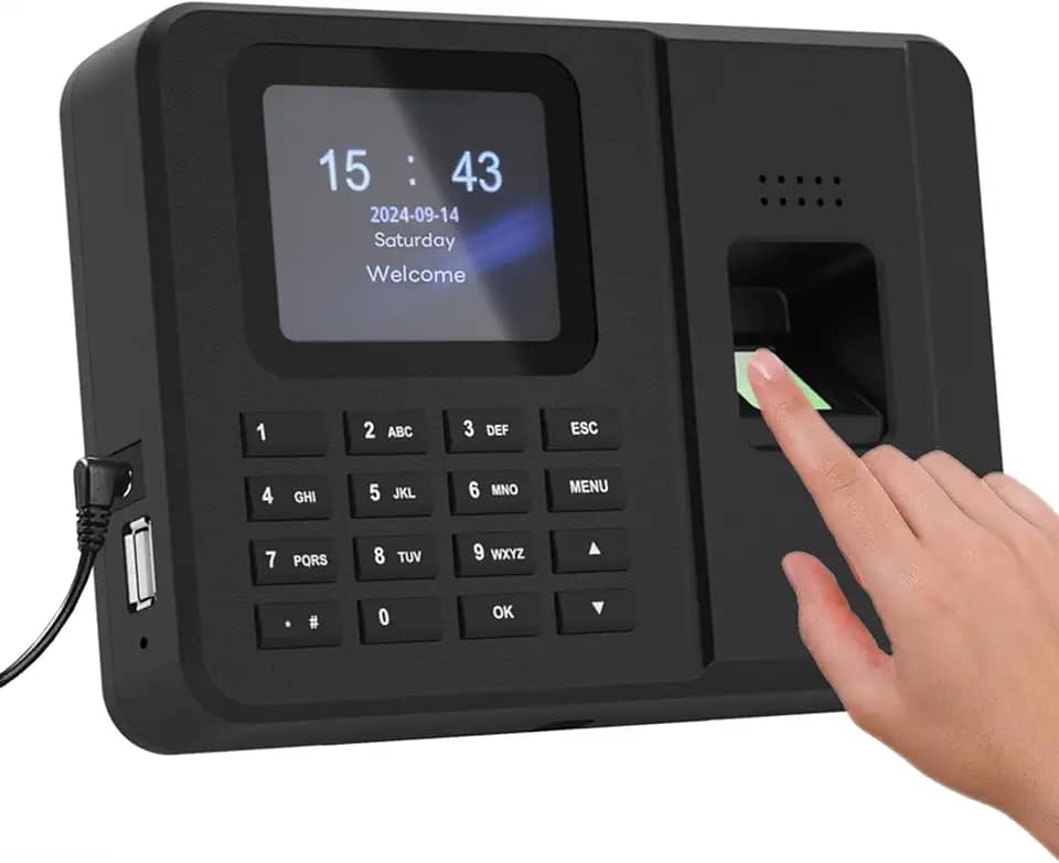 Relógios de ponto para funcionários pequenas empresas, impressão digital + PIN, máquina de entrada e saída de relógio biométrico para funcionários, sem taxa mensal, sem necessidade de