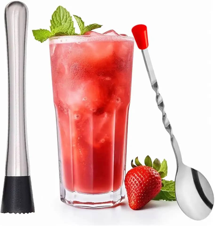 Kit Bartender Socador Macerador Caipirinha Inox Saquê Frutas Triturador de Gelo 20cm + Colher Bailarina Mexedor Misturador Drinks, Suco Leite 19cm