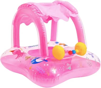 Boia Infantil Piscina Bebê Bote Inflável com Cobertura Proteção Solar para Menina e Menino Crianças 6 Meses à 3 Anos