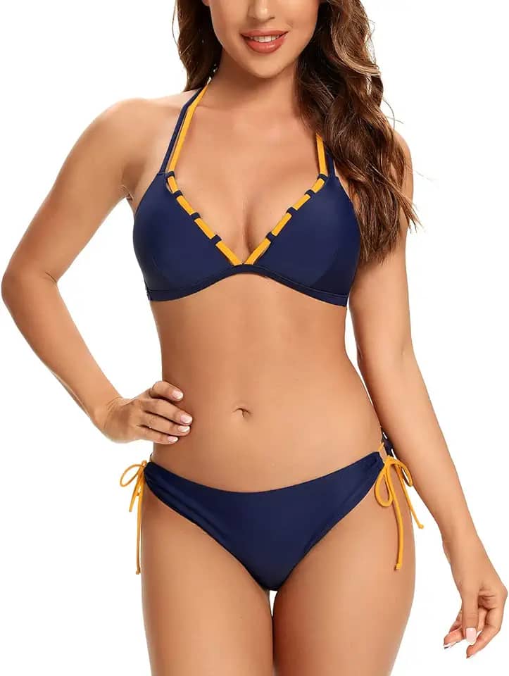 Biquíni feminino triangular, frente única, decote em V, alças duplas, maiô de duas peças