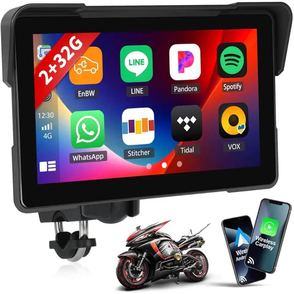 Tela Android Carplay de 2 + 32 G para motocicleta, carro sem fio e Android Auto, rádio portátil IPS à prova d'água de 7 polegadas com link espelhado, Bluetooth, WiFi, navegação GPS, assistente de voz