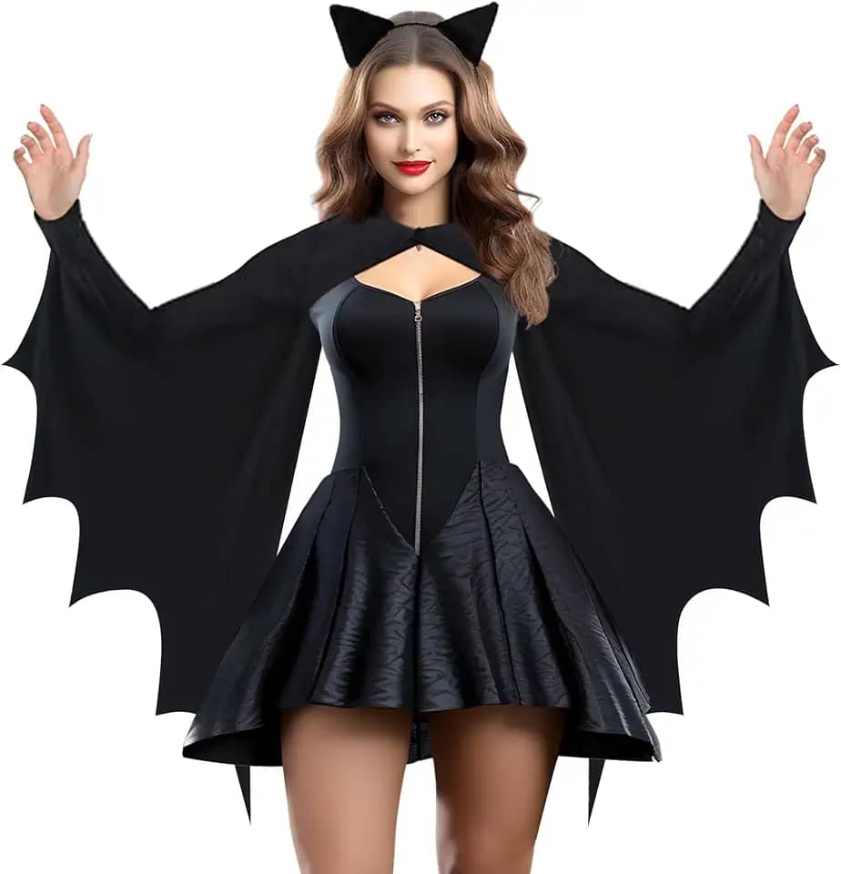 Fantasia de Halloween para mulheres adultas 2025 plus size Halloween asas de morcego fantasia preta