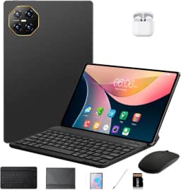 DIVENT-Tablet 3 em 1 com estojo/teclado/mouse/fone de ouvido, 10,1 polegadas, Android 14, 16GB de RAM + 512GB de ROM, câmera de 16MP + 32MP, GPS, Bluetooth, bateria de 8800mAh, Dual-SIM (preto)