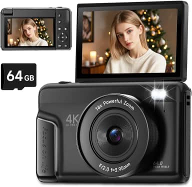 Câmera digital 4K para fotografia, câmera vlogging de 64 MP com foco automático para YouTube com tela flip de 3 polegadas 180°, câmera compacta de ponto de viagem e disparo com zoom de 16X com flash