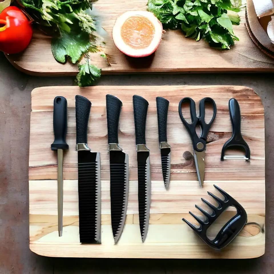 Kit Churrasco Preto, Conjunto 8 Peças, Facas Gourmet, Corte Navalha Antiaderente Premium - T2X Soluções (Preto)