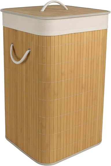 Cesto de Bambu Ecológico para Lavanderia com Tampa e Alças de Fibra Natural - Bege - 65 Litros