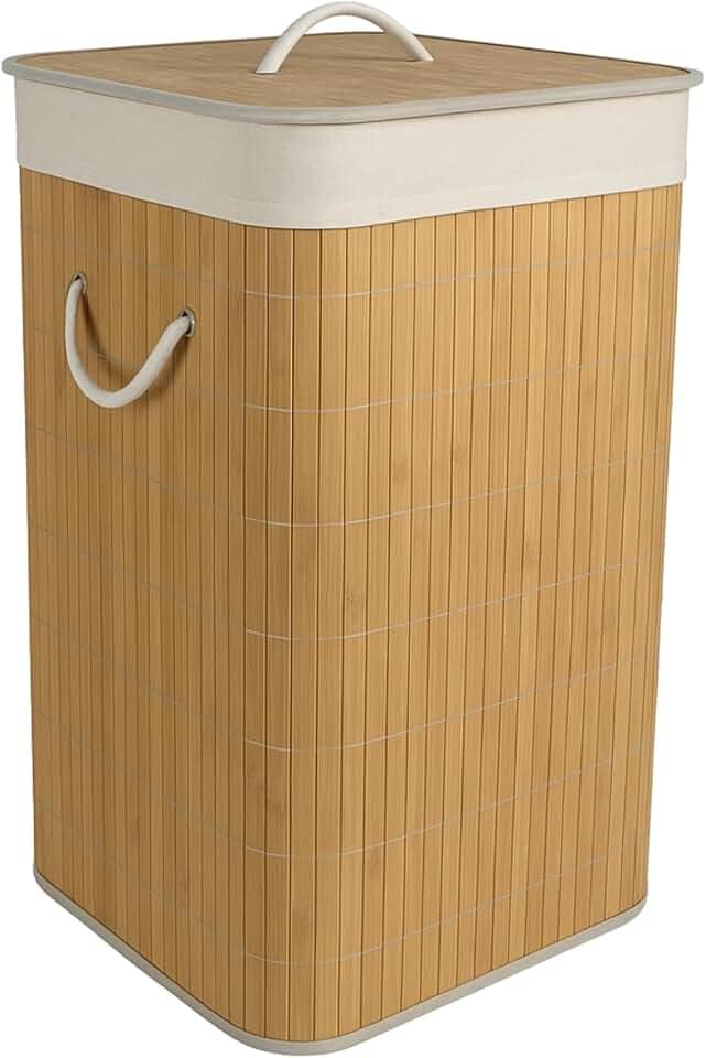 Cesto de Bambu Ecológico para Lavanderia com Tampa e Alças de Fibra Natural - Bege - 65 Litros