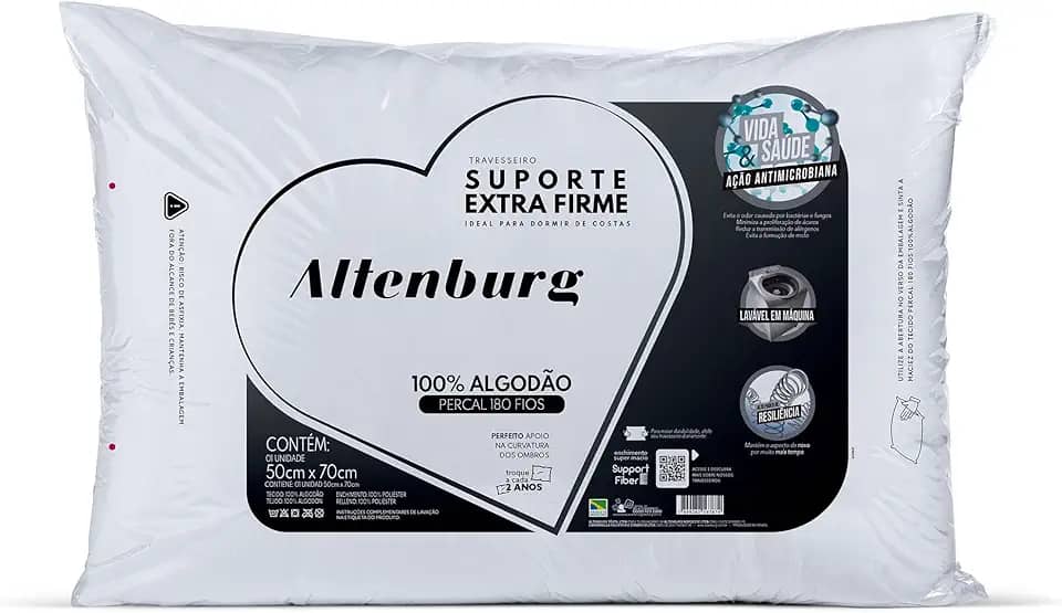 Travesseiro Suporte Extra Firme Altenburg Extra Branco Capa Percal 180 Fios 100% Alg./ Recheio 100% fibra de poliéster