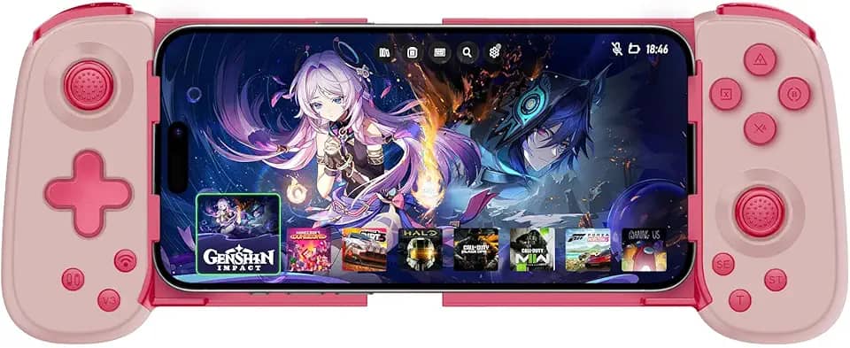 Controle de telefone sem fio para iPhone/Android, controle de jogo móvel com joystick Hall, adequado para jogos Xbox Cloud, PS Remote Play, Steam Link, Call of Duty e mais - rosa