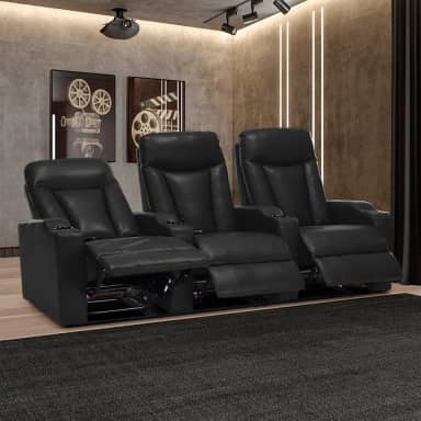 Poltrona Sala de Cinema 3 Lugares Califórnia Aquecimento Massagem Reclinável Manual PU Preto G94 - Gran Belo
