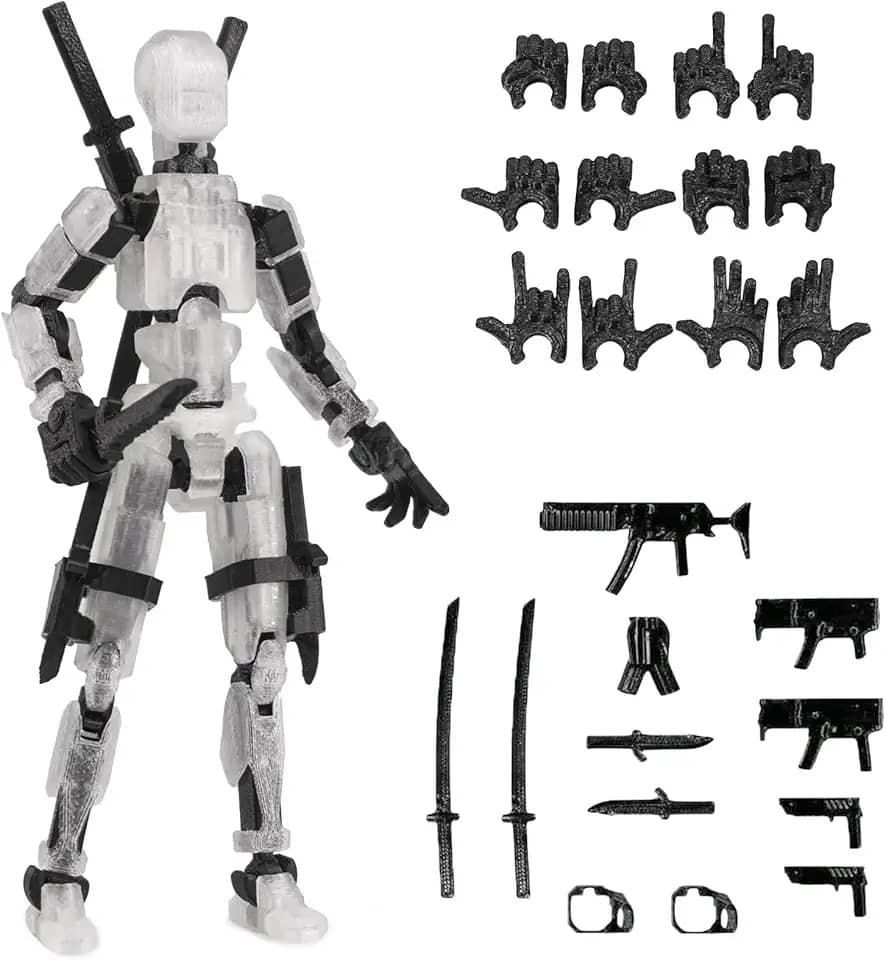 Pre-Assembly 3D Printed 5.54'' Dummy13 Action Figure, Multi-Jointed Tian13, Articulated T13 Desktop Decoration,12 in 1 Accessories, Best Birthday Festival Gift (crystal+black)