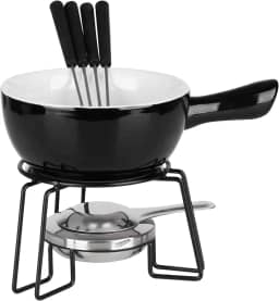 Conjunto de Fondue Cerâmica, Vermelho, 700ml, 8 Peças com Panela e Garfos em Inox (Preto)