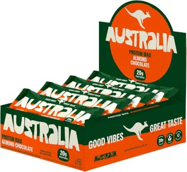 Australia Protein Max Almond Chocolate 70g, Barra de Proteína, Sem Glúten, Lactose e Açúcar Adicionado, Snack Saudável Plant-Based (12 unidades)