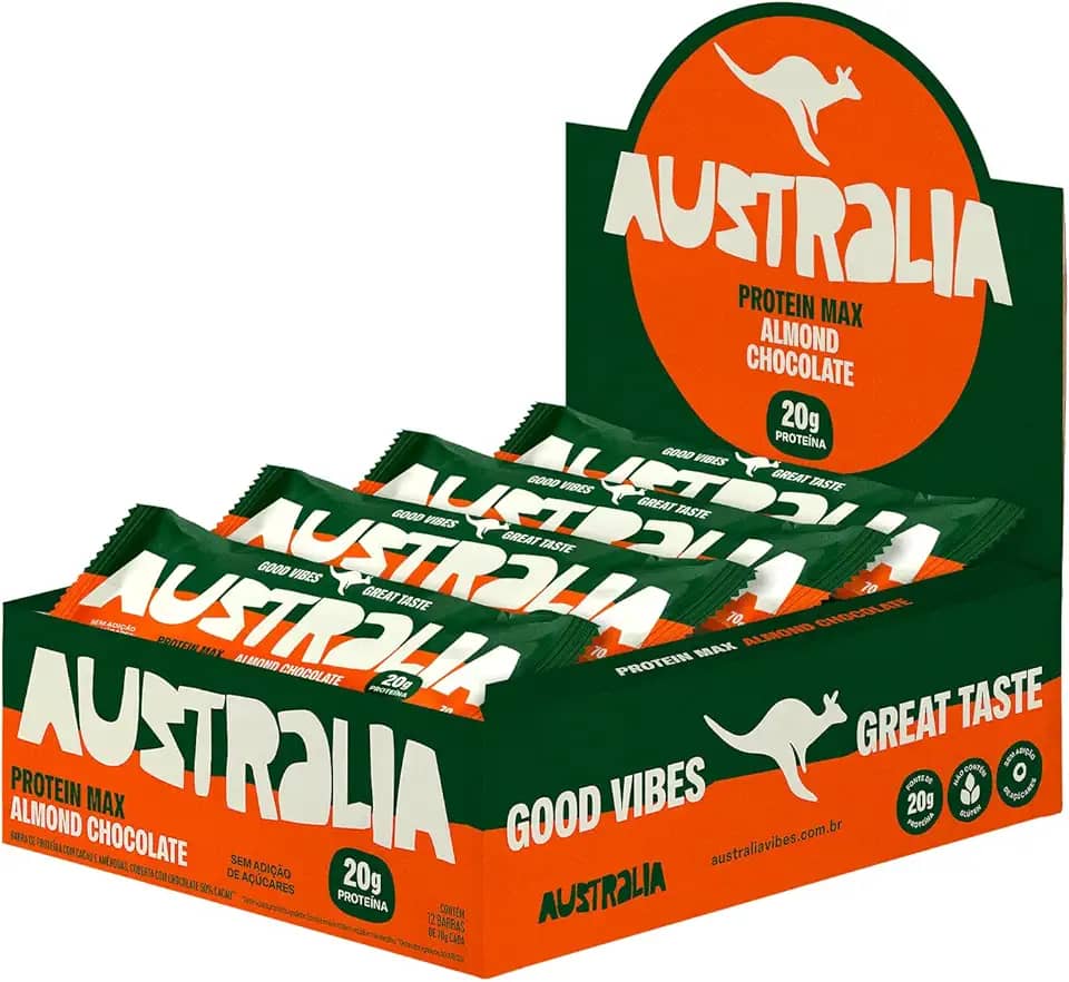 Australia Protein Max Almond Chocolate 70g, Barra de Proteína, Sem Glúten, Lactose e Açúcar Adicionado, Snack Saudável Plant-Based (12 unidades)