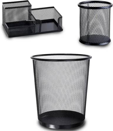 Kit Escritório em Metal com 3 Itens Lixeira, Organizador de Objetos e Porta Caneta