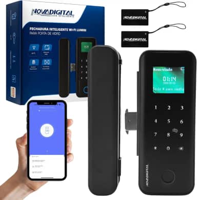 Fechadura Inteligente Wi-Fi para Porta de Vidro SL-Lumi Novadigital, Preto, com Biometria e Cartão NFC, Instalação Sobrepor, Tuya Smart e Smart Life