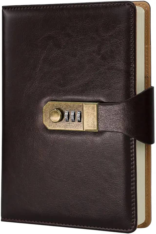 LUMAI Caderno Diário com Cadeado e Fechadura Secreta, Ideal para Anotações, Projetos, Privacidade e Criatividade, Folhas Com Pauta Linhas, Capa de Couro Resistente e Design Minimalista – Marrom Escuro