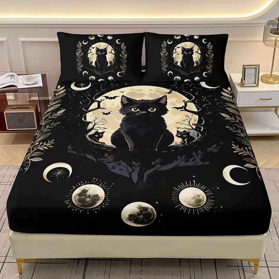 AILONEN Jogo de lençol Queen com tema de gato preto com 3 peças, ramos noturnos e folhas iluminadas pela lua, temática de animais kawaii, para decoração de quarto, 1 lençol com elástico e 2 fronhas