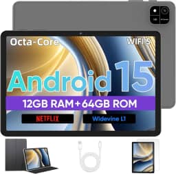 Tablet Android 15, tablets de 10 polegadas com processador Octa-Core, 12GB RAM 64GB ROM 2TB Expand, 1280x800 HD Touchscreen, GPS, WiFi 5, câmera dupla, BT5.0, 6000mAh, tablet PC Widevine L1 (preto)