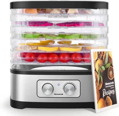 Seeutek Máquina desidratadora de alimentos, 5 bandejas sem BPA, controle de temperatura ajustável para carne seca, frutas, legumes, inclui livro de receitas e 4 sacos de armazenamento reutilizáveis