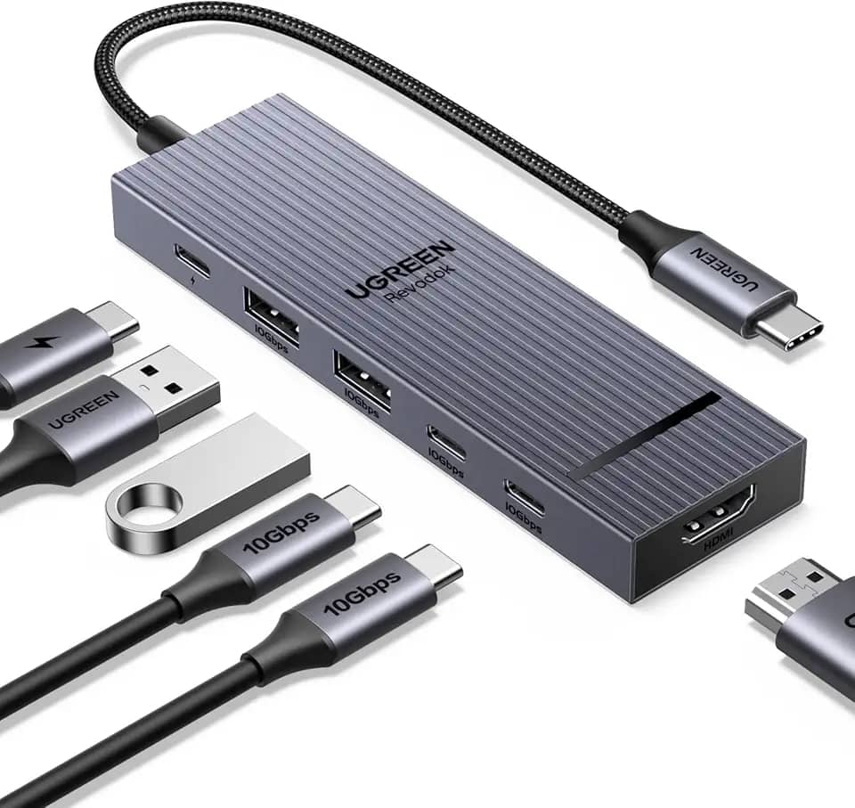 UGREEN Revodok Pro Hub USB C 6 em 1, Adaptador Hub com 4 USB C & A 3.2 de 10Gbps, 4K 60Hz HDMI, 100W PD, Type C Dock Compatíveis com MacBook Pro/Air, iPad Pro, Thinkpad Rog Ally