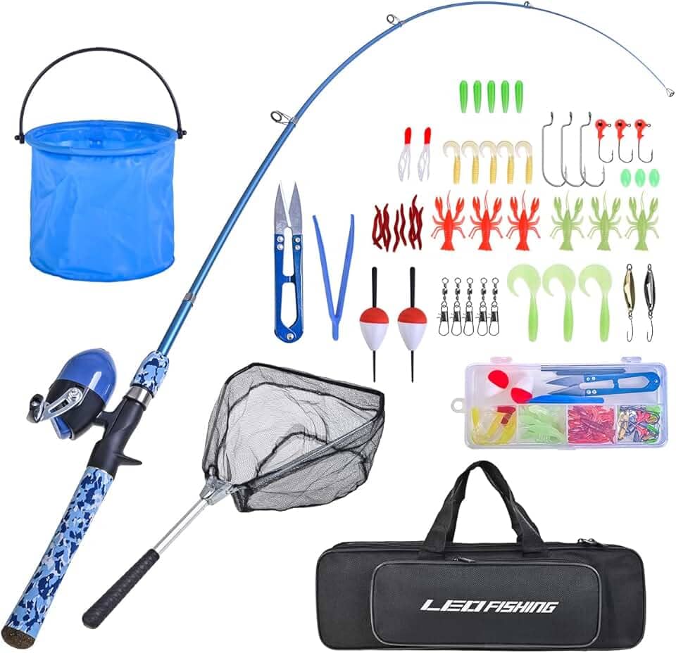 LEOFISHING Conjunto De Vara De Pesca Infantil Com Kits Completos Para Iniciantes Vara De Pesca Telescópica Portátil E Carretel Spincast Com Rede De Pesca E Balde Para Meninos, Meninas E Jovens (Azul)