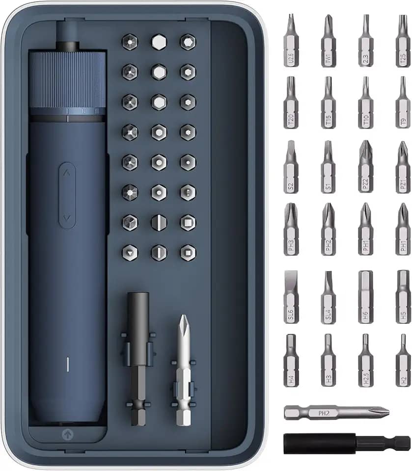 HOTO Electric Screwdriver Kit, 3.6V Cordless Screwdriver Set, Upgraded Capacity, Magnetic Case Lid, Mechanical Knob, 25 S2-steel Bits, 1500 mAh 800 Times, Manual & Electric, USB-C Charging, LED Light