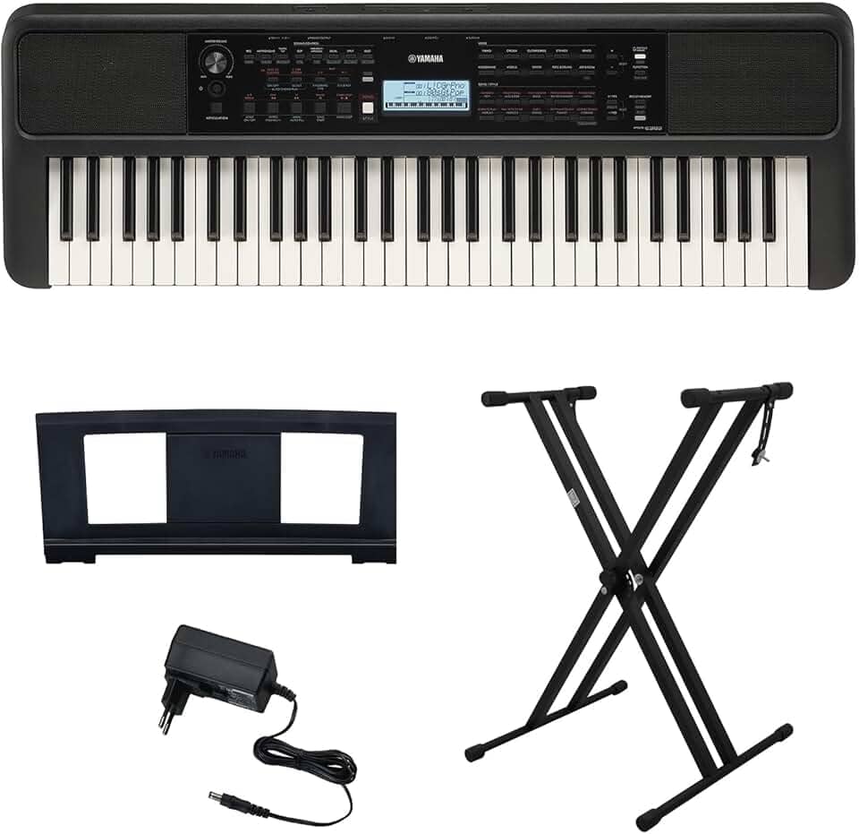 Kit Teclado Arranjador 61 Teclas PSR E383 com Fonte Bivolt e Suporte em X