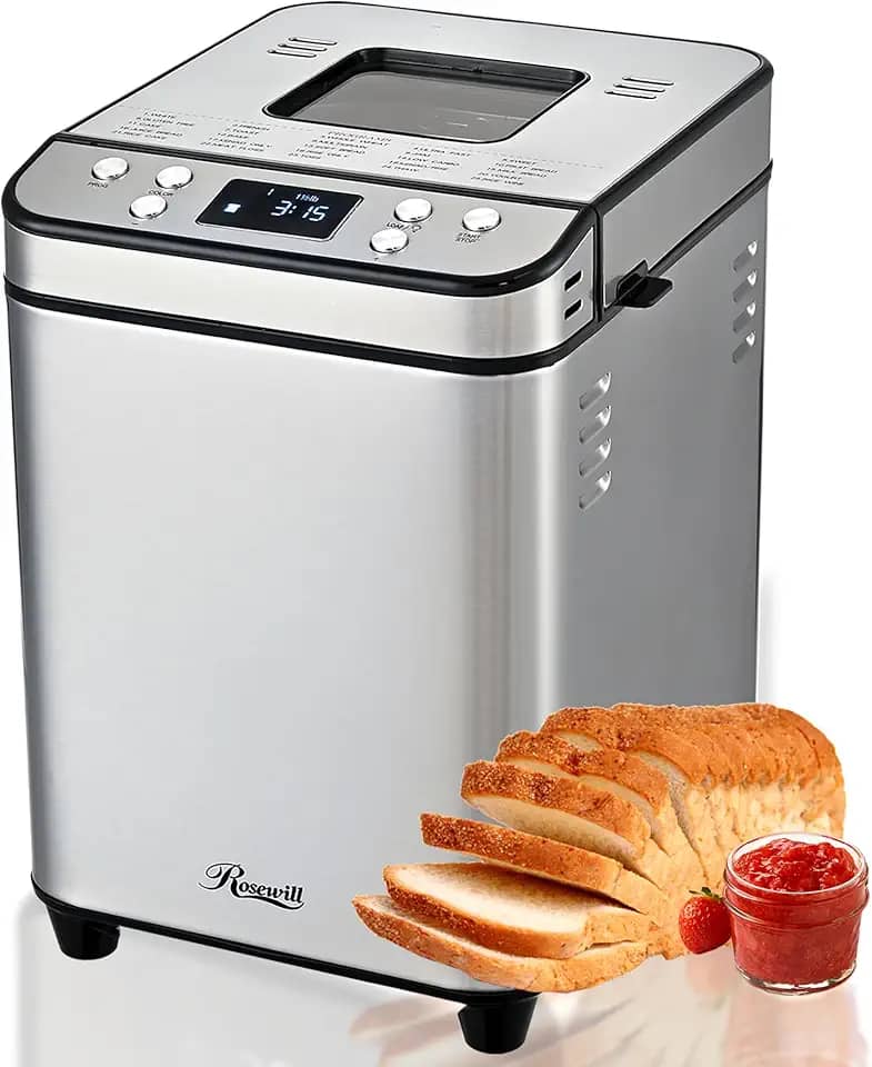 Rosewill Máquina automática de fazer pão 25 em 1 com 3 tamanhos de pão de até 900 kg, aquecedor duplo de alta potência de 700 W com bandeja de revestimento antiaderente livre de BPA, temporizador