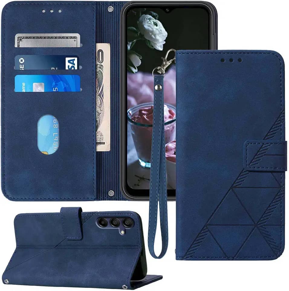 Capa carteira para Samsung A15 5G, compartimento para cartão, alça de pulso TPU interior, capa protetora para celular, capa flip de couro PU para Galaxy A15 (2024) (azul)