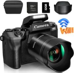 Saneen Digital Camera, 4k Cameras for Photography & Video, 64MP WiFi Touch Screen Vlogging Camera for YouTube with Flash, 32GB Card, Lens Hood, 3000mAH Battery, Front and Rear Cameras -